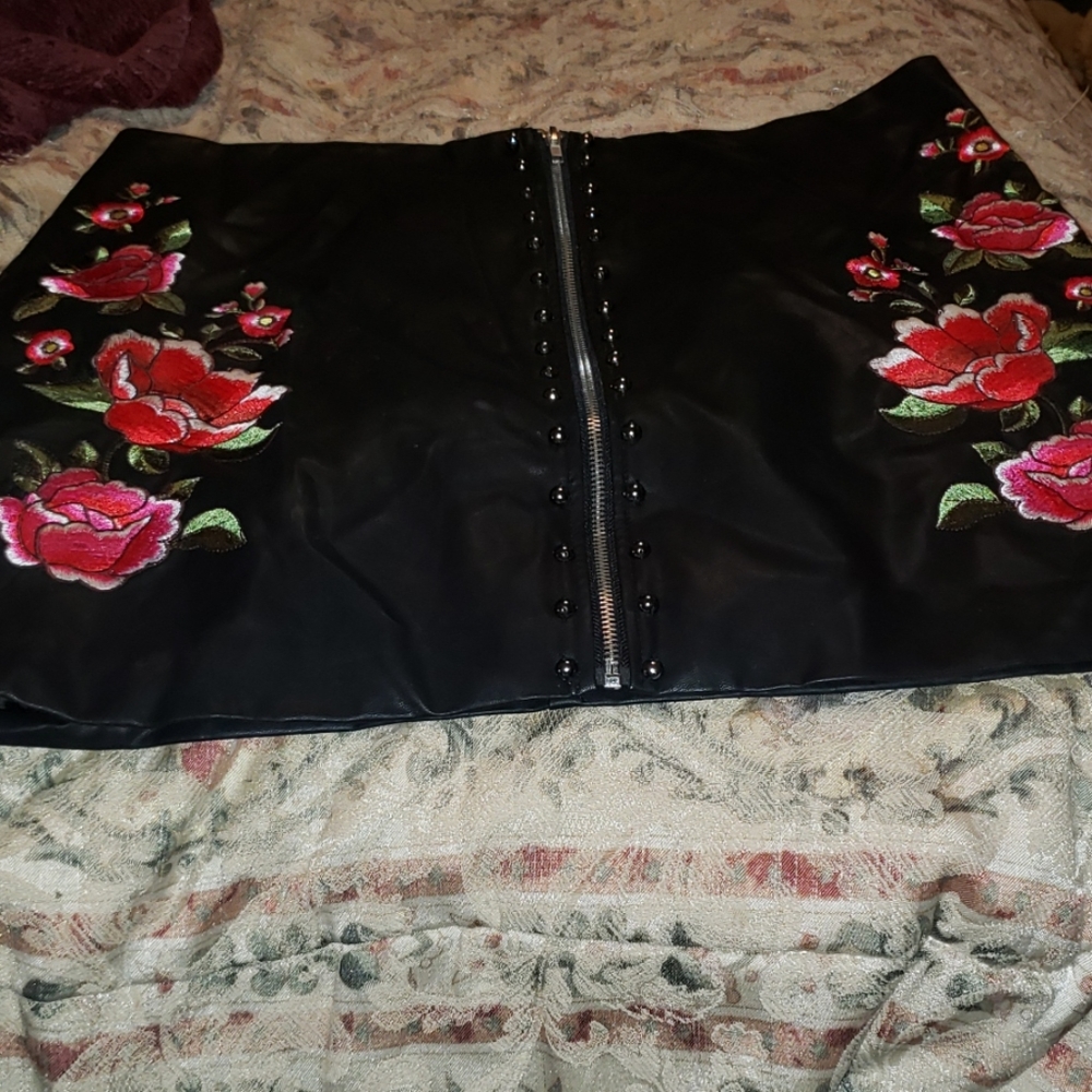 Faux Leather Embroidered Mini Skirt